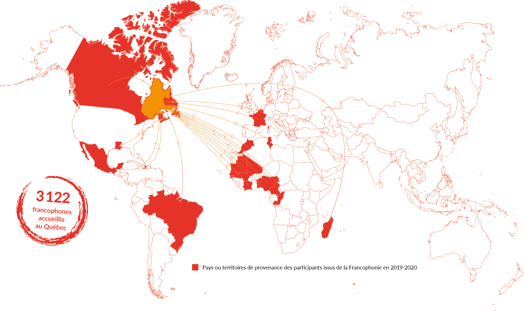Carte des territoires de la Francophonie d'où proviennent les participants accueillis par LOJIQ en 2019-2020